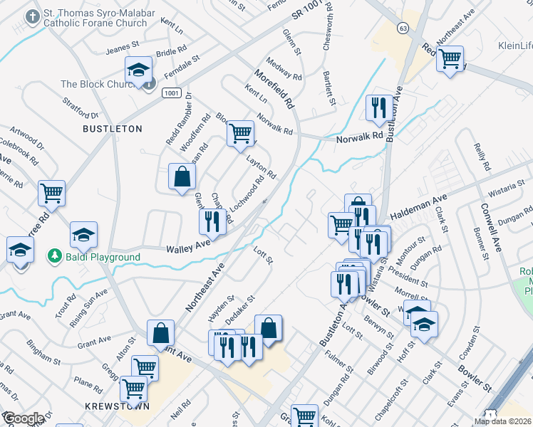 map of restaurants, bars, coffee shops, grocery stores, and more near 9743 Krewstown Road in Philadelphia