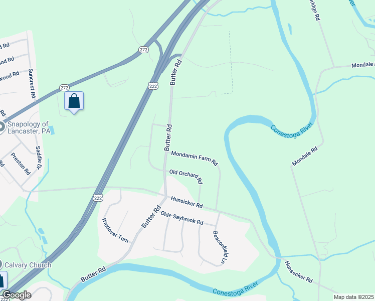 map of restaurants, bars, coffee shops, grocery stores, and more near 2631 Mondamin Farm Road in Lancaster
