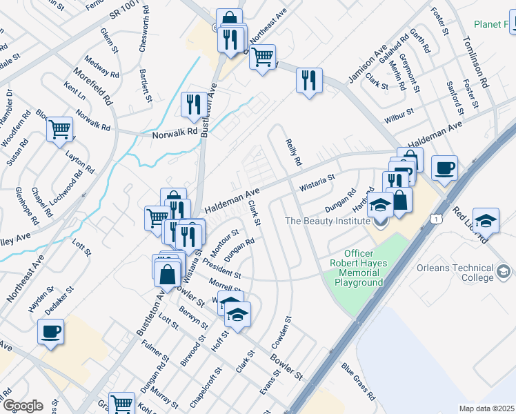 map of restaurants, bars, coffee shops, grocery stores, and more near 9891 Clark Street in Philadelphia