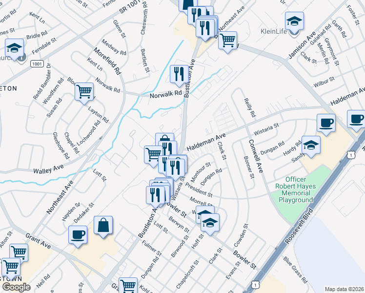 map of restaurants, bars, coffee shops, grocery stores, and more near Bustleton Ave & Haldeman Ave in Philadelphia