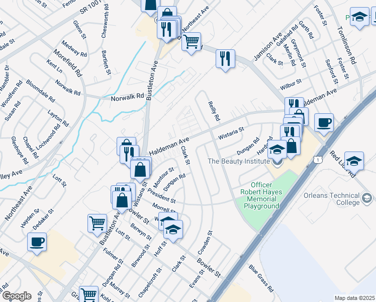 map of restaurants, bars, coffee shops, grocery stores, and more near 9891 Clark Street in Philadelphia