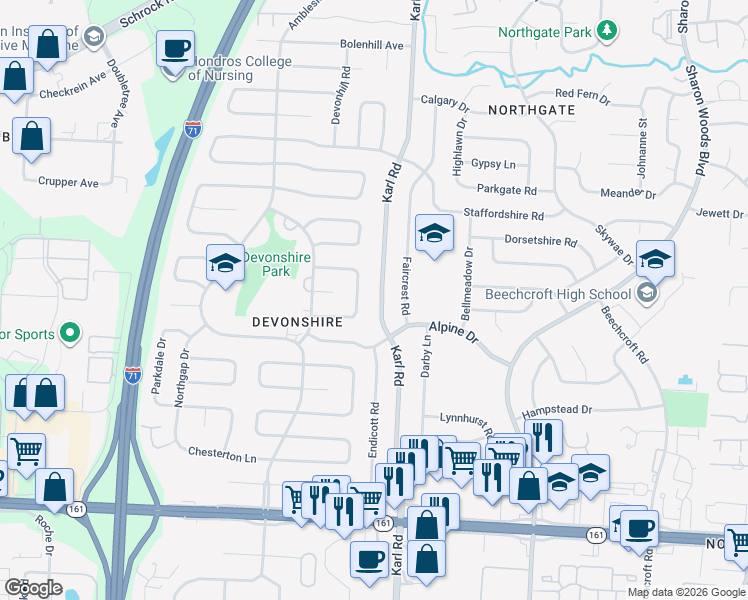 map of restaurants, bars, coffee shops, grocery stores, and more near 6266 Chelmsford Square South in Columbus