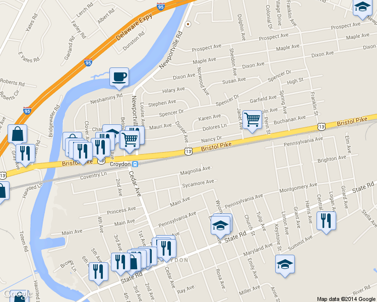 map of restaurants, bars, coffee shops, grocery stores, and more near 105 Dorset Avenue in Croydon