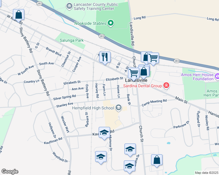 map of restaurants, bars, coffee shops, grocery stores, and more near 219 Hempfield Avenue in Landisville