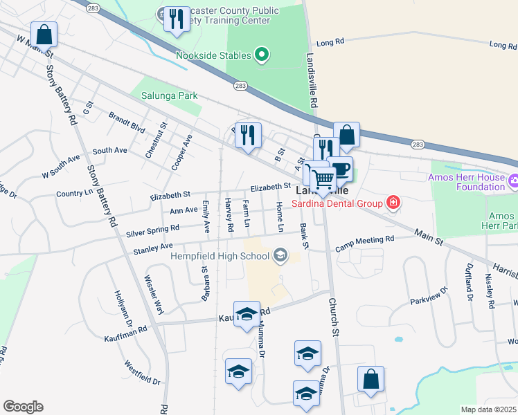 map of restaurants, bars, coffee shops, grocery stores, and more near 219 Hempfield Avenue in Landisville
