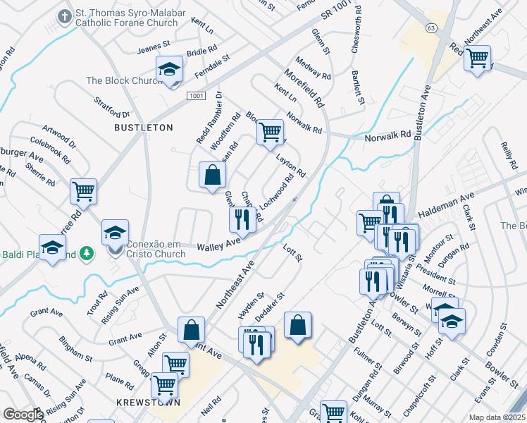 map of restaurants, bars, coffee shops, grocery stores, and more near 9707 Lochwood Road in Philadelphia