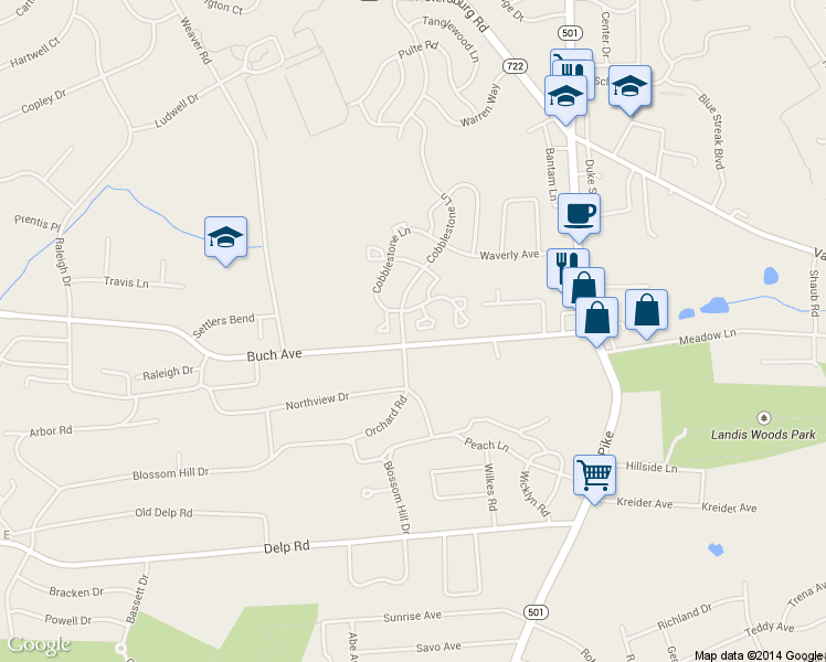 map of restaurants, bars, coffee shops, grocery stores, and more near 123 Cobblestone Lane in Lancaster
