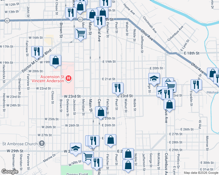 map of restaurants, bars, coffee shops, grocery stores, and more near 2114 Fletcher Street in Anderson