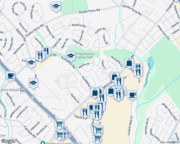 map of restaurants, bars, coffee shops, grocery stores, and more near 3644 Canby Drive in Philadelphia