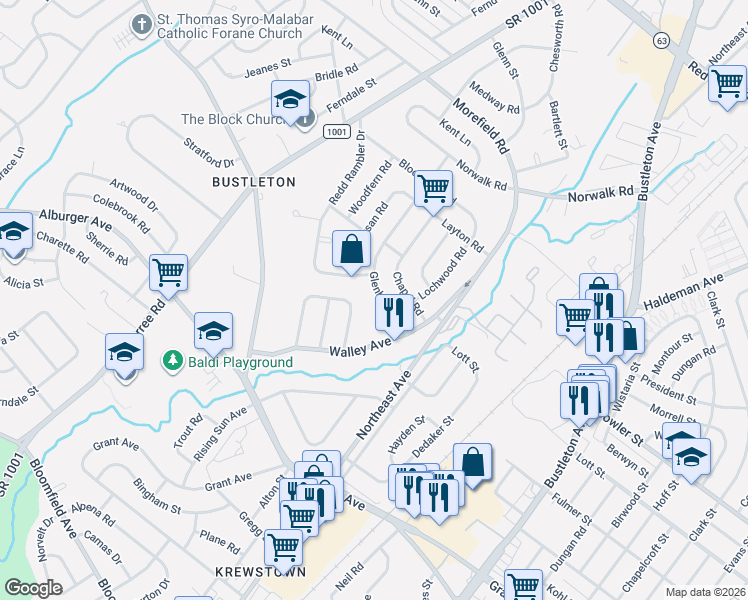 map of restaurants, bars, coffee shops, grocery stores, and more near 9722 Glenhope Road in Philadelphia