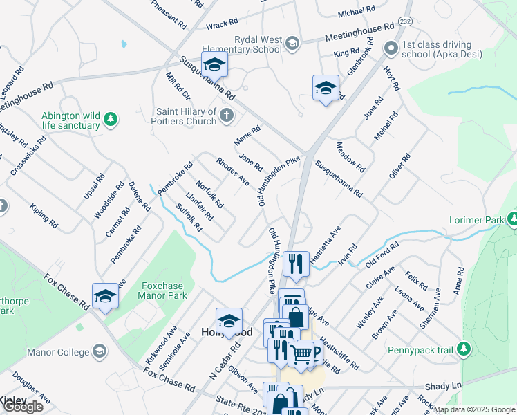 map of restaurants, bars, coffee shops, grocery stores, and more near 976 Old Huntingdon Pike in Huntingdon Valley