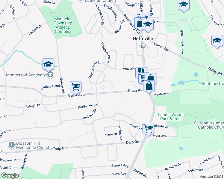 map of restaurants, bars, coffee shops, grocery stores, and more near 339 Cobblestone Lane in Lancaster