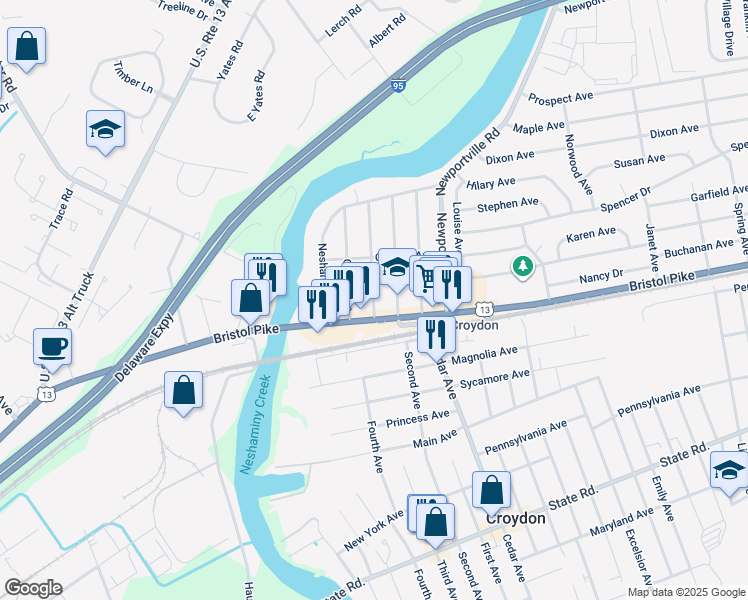 map of restaurants, bars, coffee shops, grocery stores, and more near 119 Hillcrest Avenue in Croydon