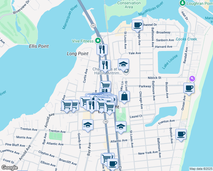 map of restaurants, bars, coffee shops, grocery stores, and more near 325 Hawthorne Avenue in Point Pleasant Beach