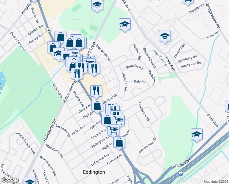 map of restaurants, bars, coffee shops, grocery stores, and more near 369 Redwood Court in Bensalem