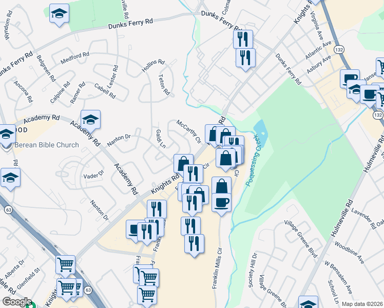 map of restaurants, bars, coffee shops, grocery stores, and more near 12821 Cliffe Drive in Philadelphia