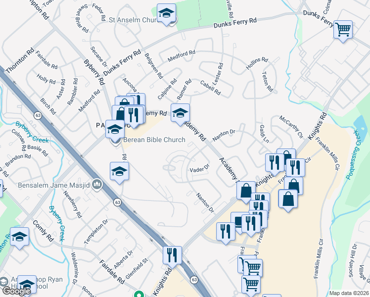 map of restaurants, bars, coffee shops, grocery stores, and more near 3605 Bellaire Place in Philadelphia