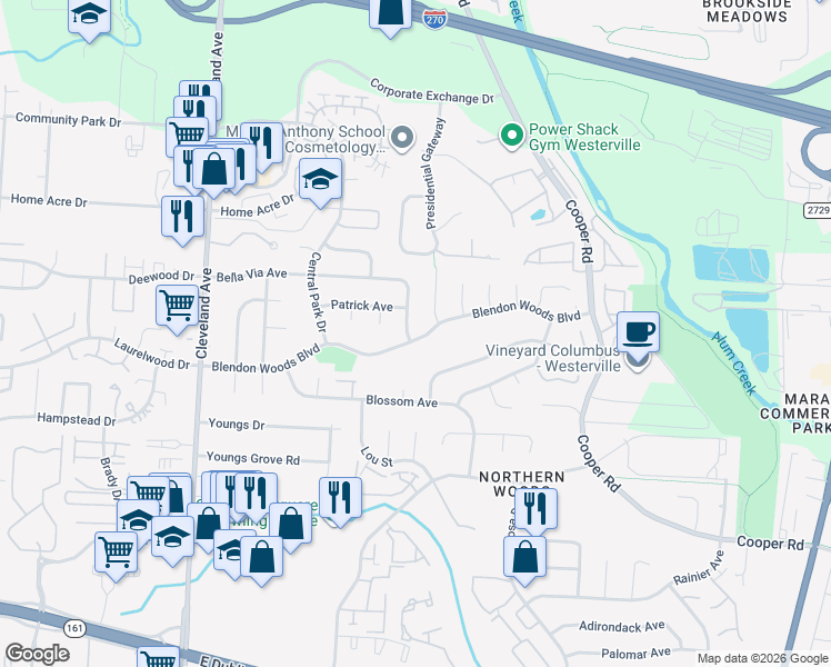 map of restaurants, bars, coffee shops, grocery stores, and more near 5955 Lisa Street in Columbus