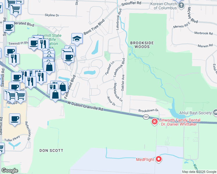 map of restaurants, bars, coffee shops, grocery stores, and more near 2231 Viburnum Lane in Columbus