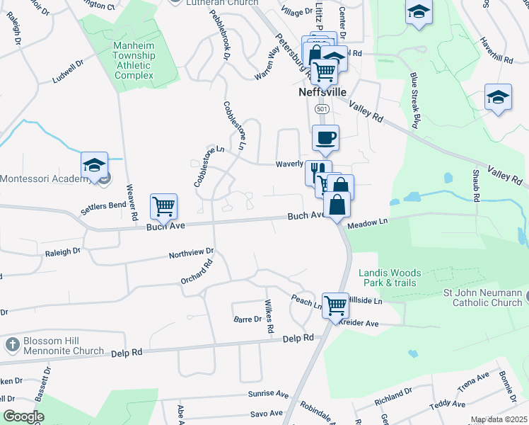 map of restaurants, bars, coffee shops, grocery stores, and more near 363 Cobblestone Lane in Lancaster