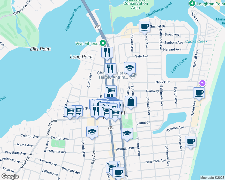 map of restaurants, bars, coffee shops, grocery stores, and more near 325 Hawthorne Avenue in Point Pleasant Beach