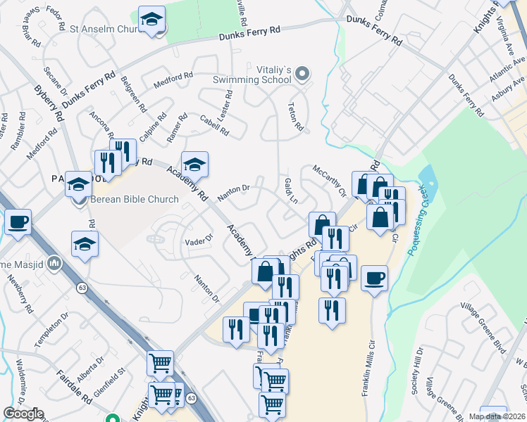 map of restaurants, bars, coffee shops, grocery stores, and more near 3672 Friar Road in Philadelphia