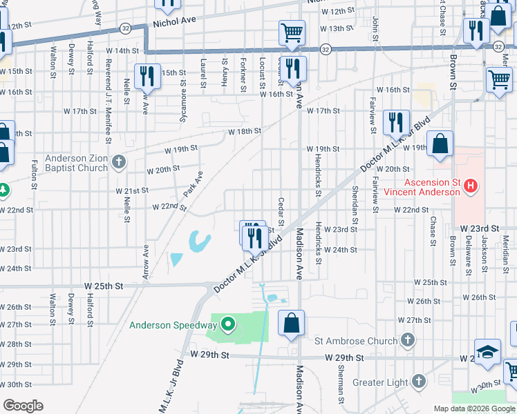 map of restaurants, bars, coffee shops, grocery stores, and more near 2110 Forkner Street in Anderson