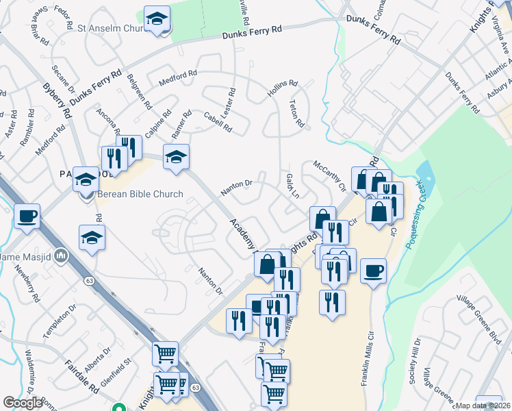 map of restaurants, bars, coffee shops, grocery stores, and more near 3672 Friar Road in Philadelphia