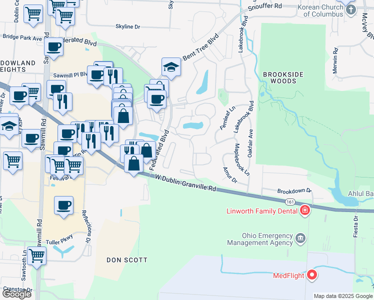 map of restaurants, bars, coffee shops, grocery stores, and more near 6767 Meadow Creek Drive in Columbus