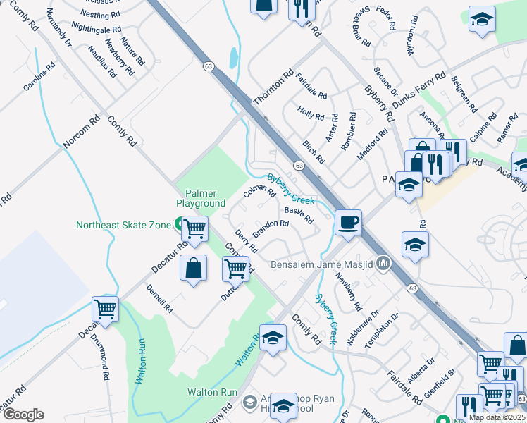 map of restaurants, bars, coffee shops, grocery stores, and more near 11845 Colman Terrace in Philadelphia