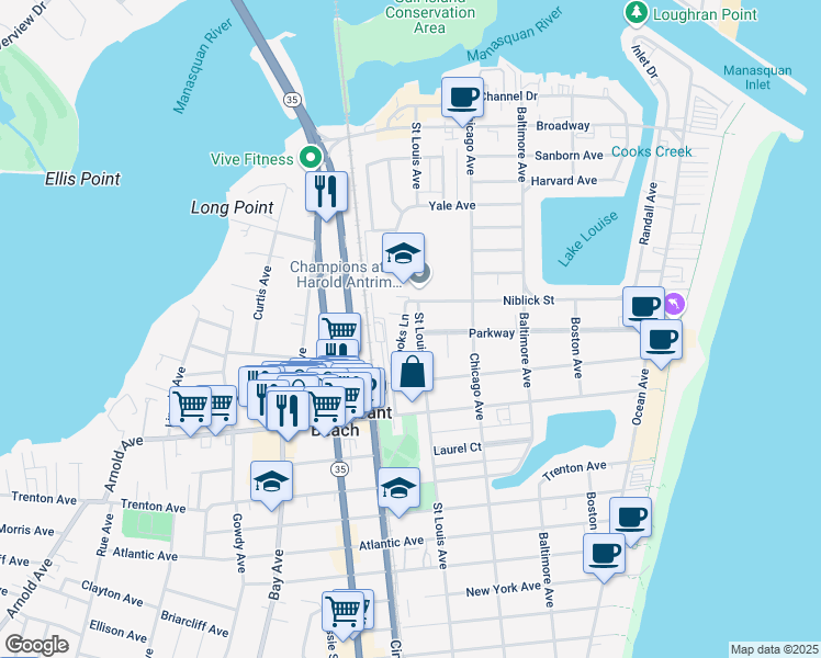 map of restaurants, bars, coffee shops, grocery stores, and more near 301-1/2 Cooks Lane in Point Pleasant Beach