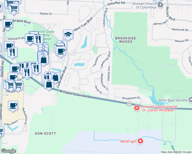 map of restaurants, bars, coffee shops, grocery stores, and more near 2231 Viburnum Lane in Columbus