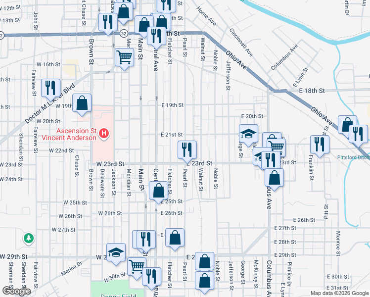 map of restaurants, bars, coffee shops, grocery stores, and more near 2116 Pearl Street in Anderson