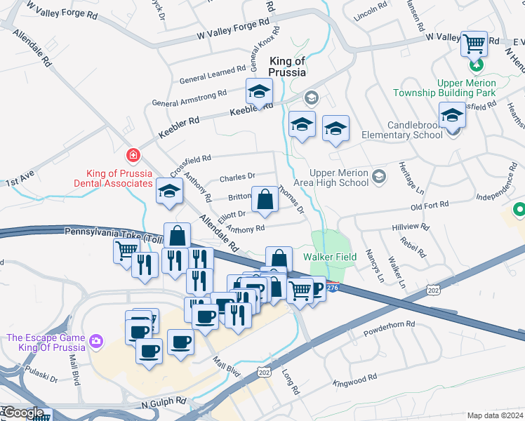 map of restaurants, bars, coffee shops, grocery stores, and more near Elliott Drive in King of Prussia
