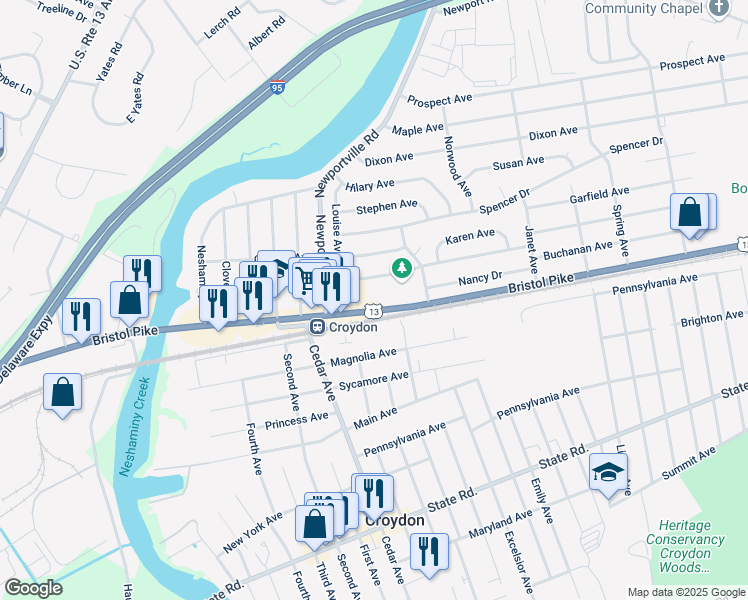 map of restaurants, bars, coffee shops, grocery stores, and more near 909 Bristol Pike in Croydon