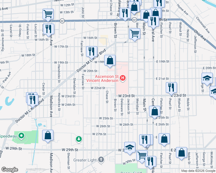 map of restaurants, bars, coffee shops, grocery stores, and more near 2121 Brown Street in Anderson