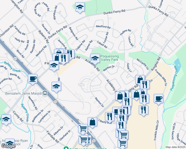 map of restaurants, bars, coffee shops, grocery stores, and more near 3624 Bellaire Place in Philadelphia