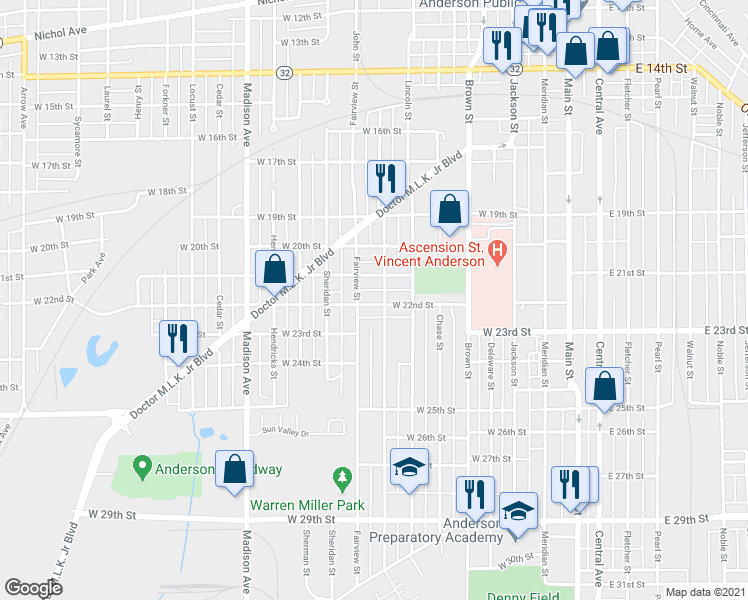 map of restaurants, bars, coffee shops, grocery stores, and more near 508 West 22nd Street in Anderson