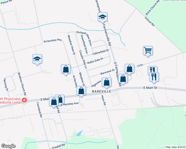 map of restaurants, bars, coffee shops, grocery stores, and more near 279 Bareview Drive in Leola