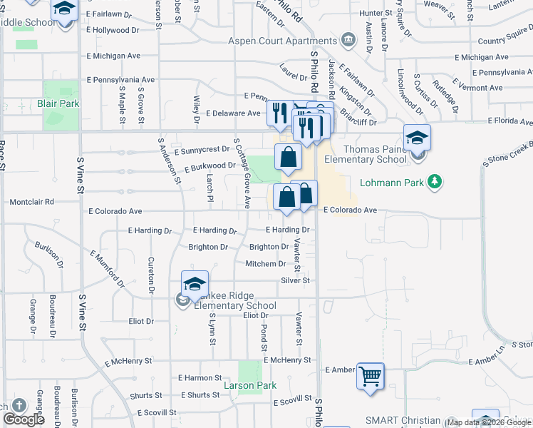 map of restaurants, bars, coffee shops, grocery stores, and more near 1209 East Colorado Avenue in Urbana