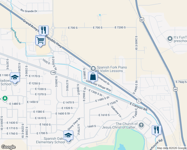 map of restaurants, bars, coffee shops, grocery stores, and more near 2958 East Somerset Drive in Spanish Fork