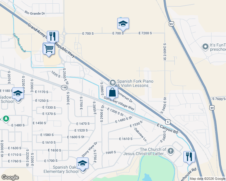 map of restaurants, bars, coffee shops, grocery stores, and more near 2958 East Somerset Drive in Spanish Fork
