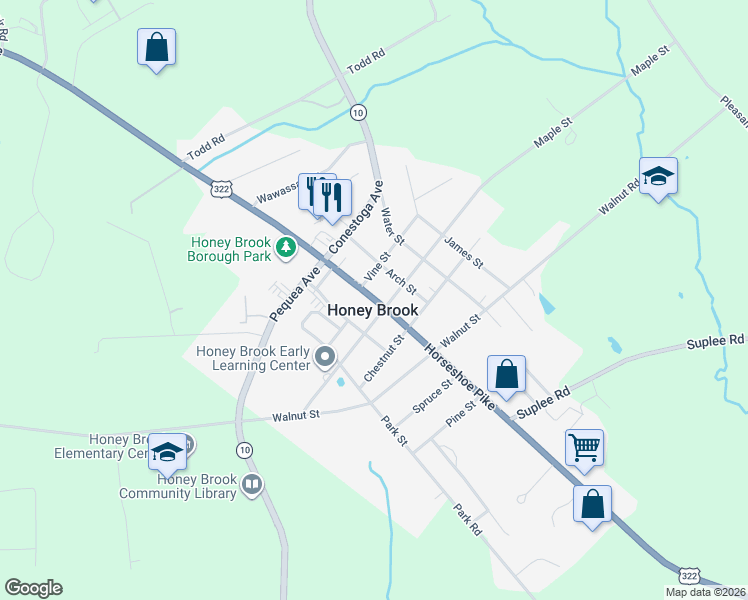 map of restaurants, bars, coffee shops, grocery stores, and more near in Honey Brook