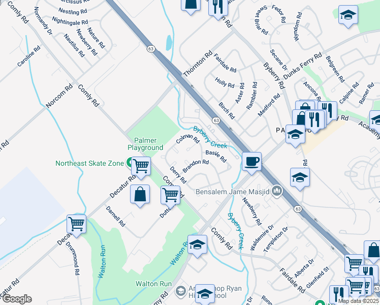 map of restaurants, bars, coffee shops, grocery stores, and more near 11845 Colman Terrace in Philadelphia