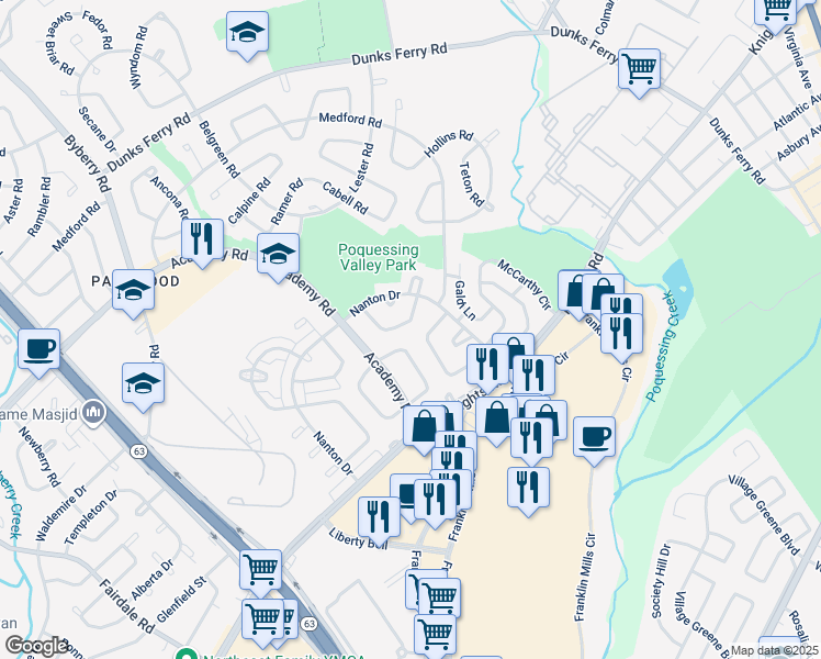 map of restaurants, bars, coffee shops, grocery stores, and more near 3656 Canby Drive in Philadelphia