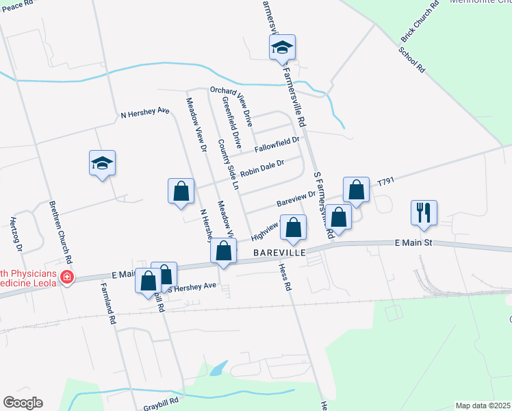 map of restaurants, bars, coffee shops, grocery stores, and more near 279 Bareview Drive in Leola
