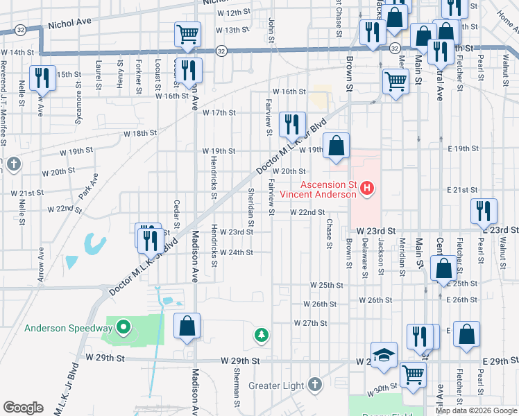 map of restaurants, bars, coffee shops, grocery stores, and more near 2115 Fairview Street in Anderson