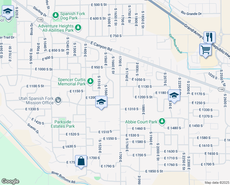 map of restaurants, bars, coffee shops, grocery stores, and more near 1161 South 1660 East in Spanish Fork