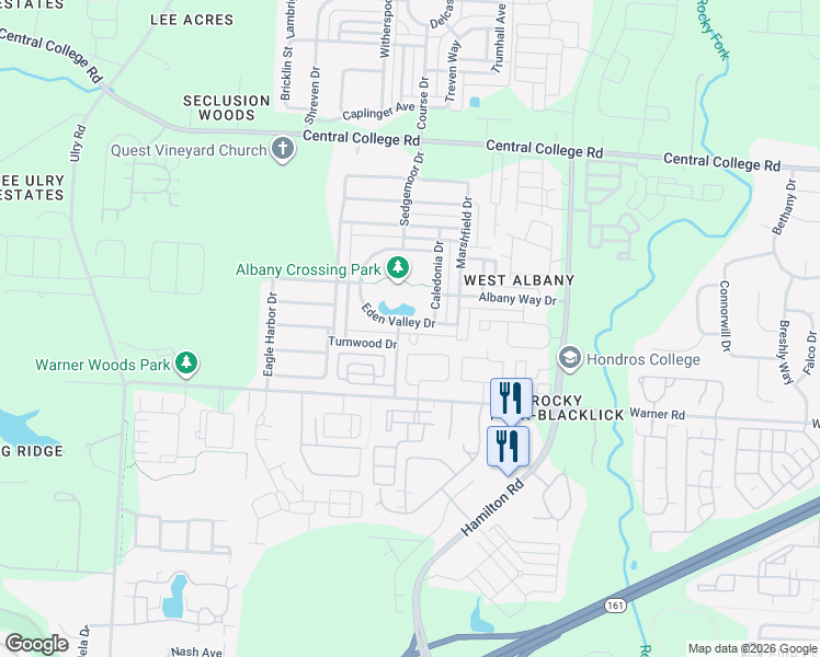 map of restaurants, bars, coffee shops, grocery stores, and more near 6067 Eden Valley Drive in Westerville