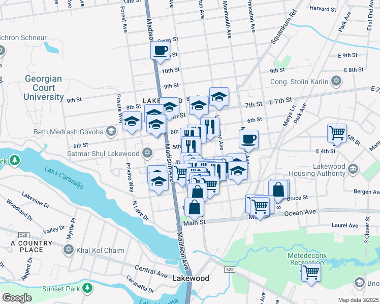 map of restaurants, bars, coffee shops, grocery stores, and more near 432 Clifton Avenue in Lakewood